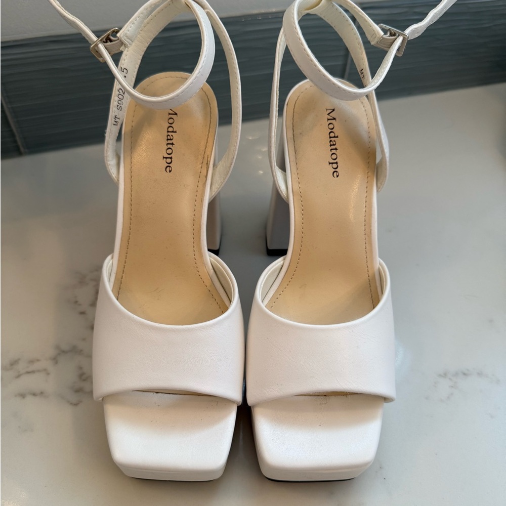 Modatope White Block Heel Sandals with Ankle Strap